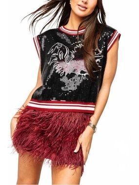 Queen of sparkles feather mini skirt maroon